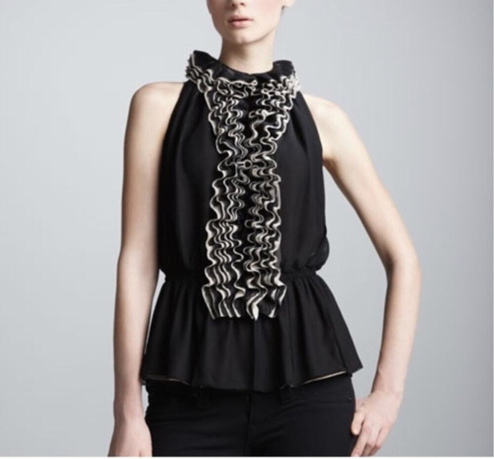 Robert Rodriguez for Target Ruffle Front Sheer Peplum Blouse Black Cream S